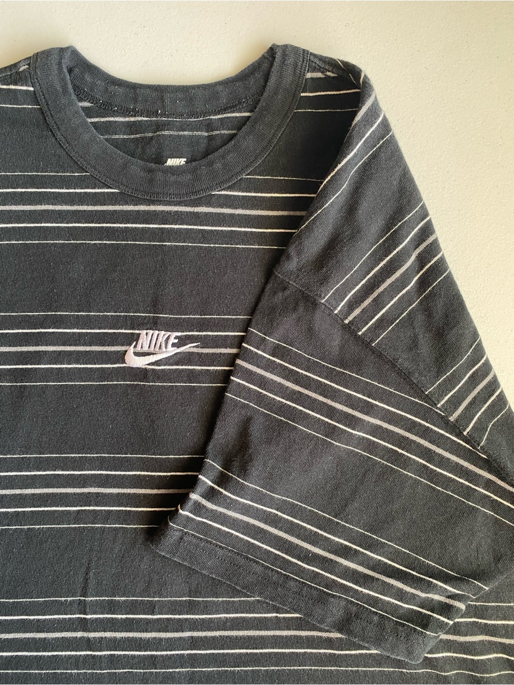 Nike Black Short-Sleeve Tee with White Stripes and Logo - Large